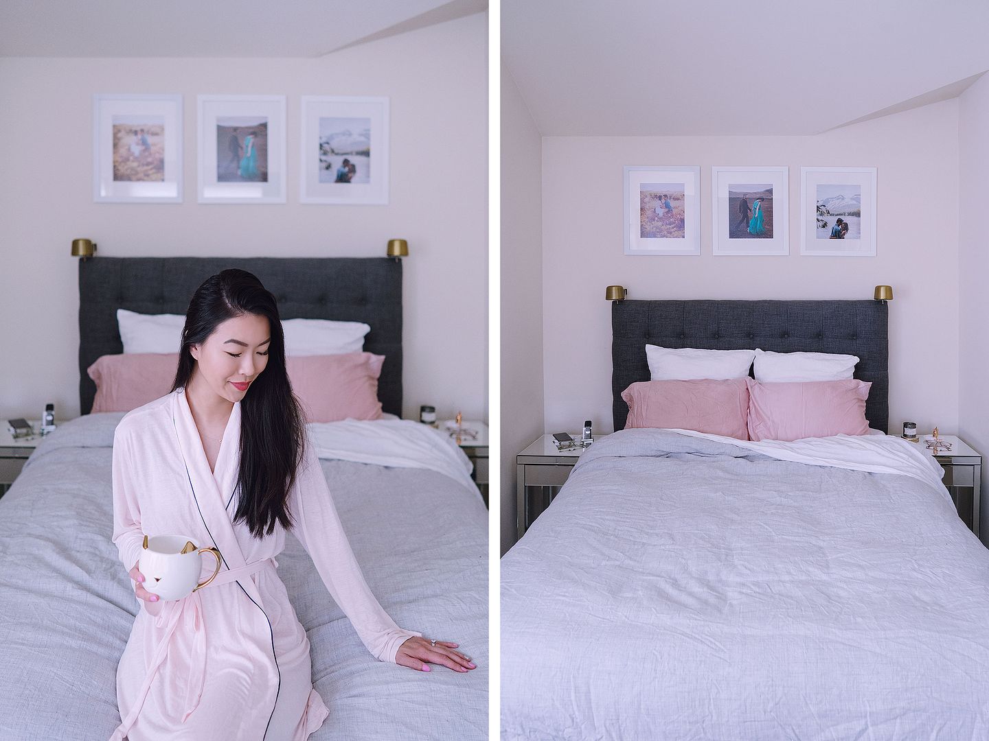 master bedroom home decor Slip silk pillowcase West Elm belgian linen duvet Amazon Wayfair tufted headboard Eberjey bathrobe