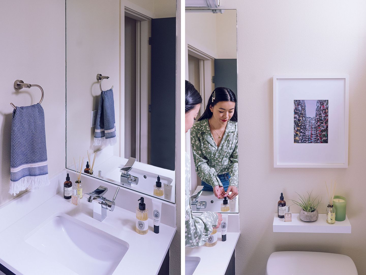 guest bathroom decor photo frame floating shelf