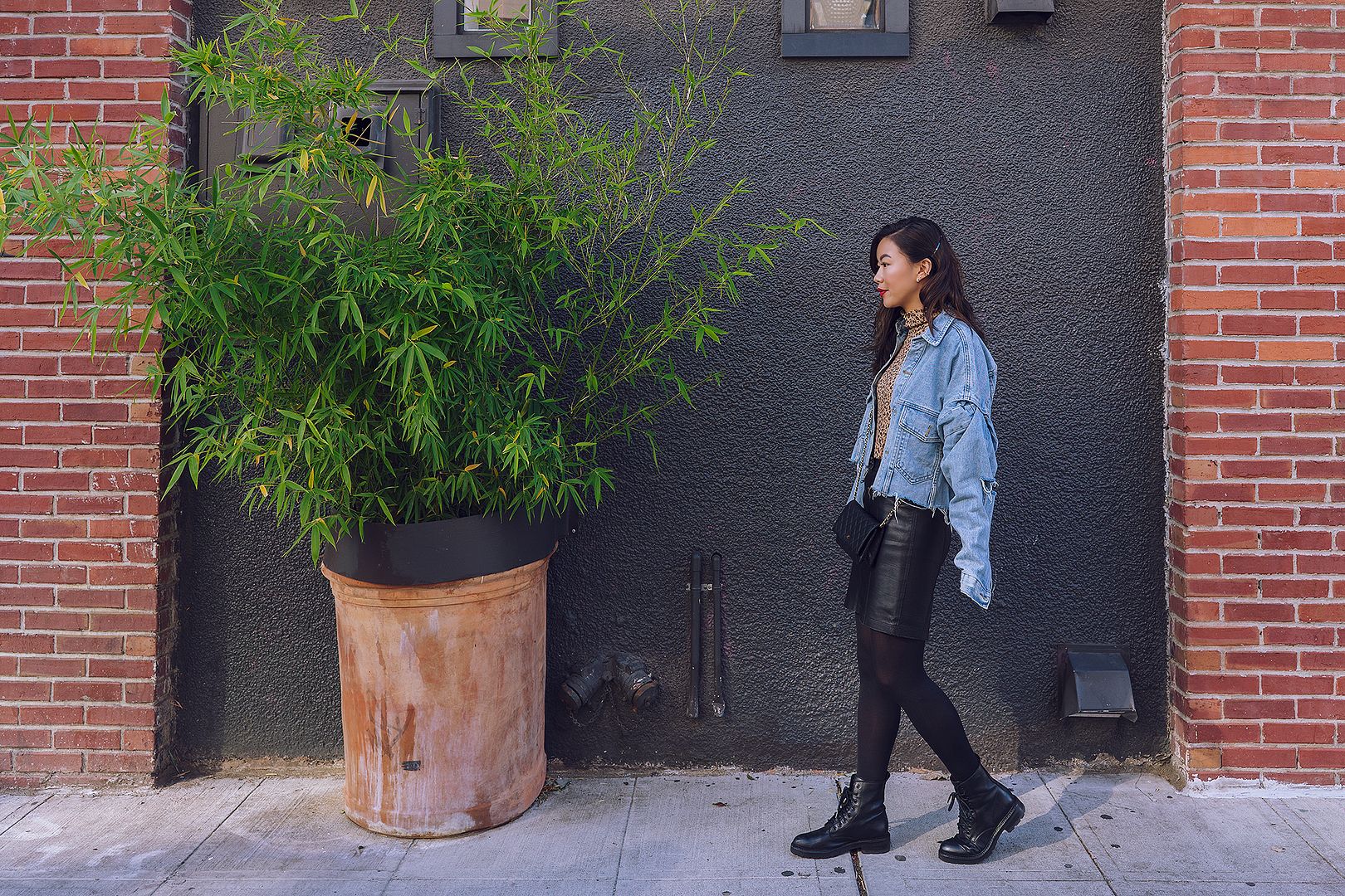 oversized boyfriend denim jacket leather skirt combat boots