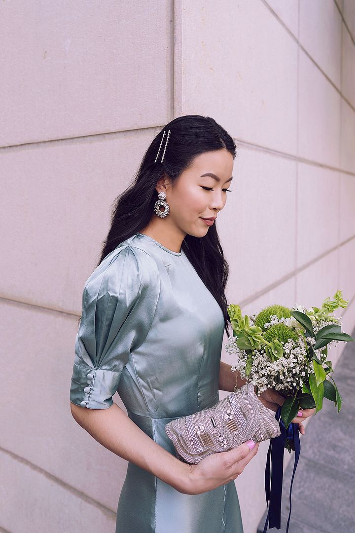 BHLDN earrings sequin clutch baby breath bouquet