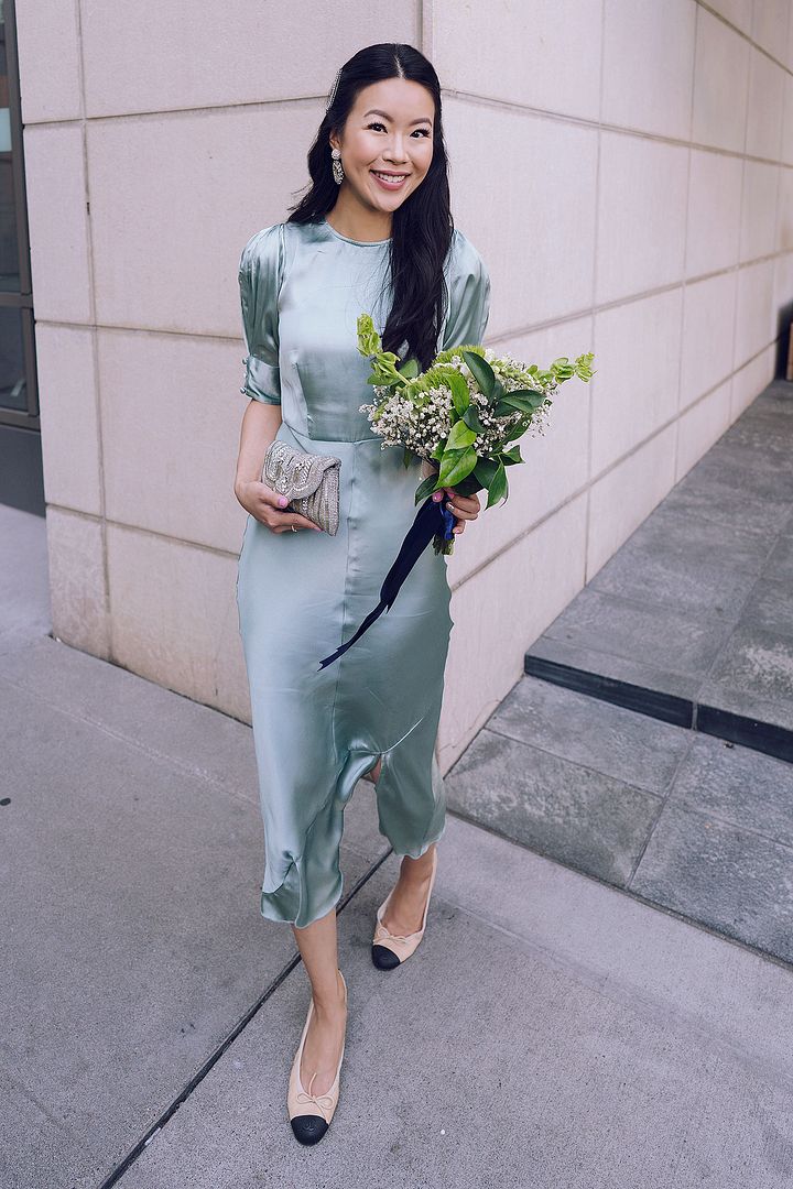 satin midi dress Chanel flats